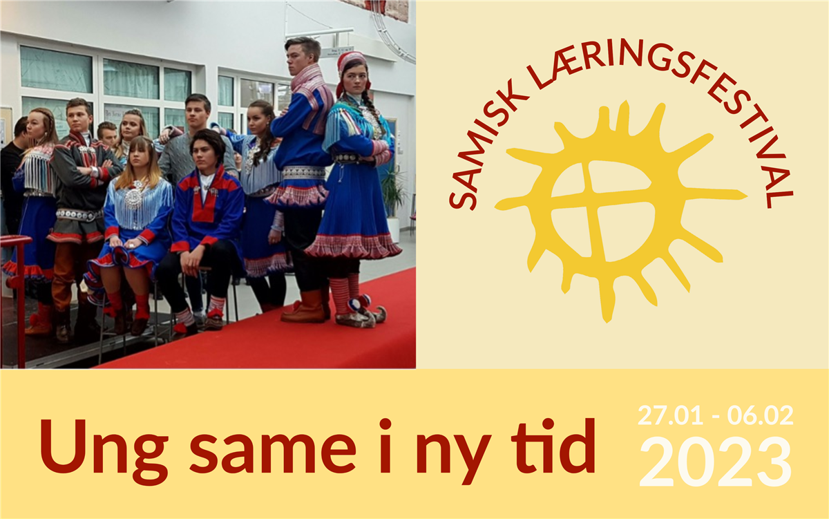Bilde av elever med samisk klesdrakt og logo til festivalen - Klikk for stort bilde